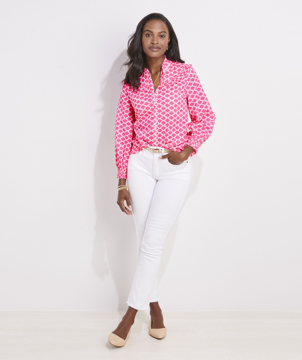 Camisas Vineyard Vines Geo Ruffled Button-Down Mujer Rosas | ZYK-067418