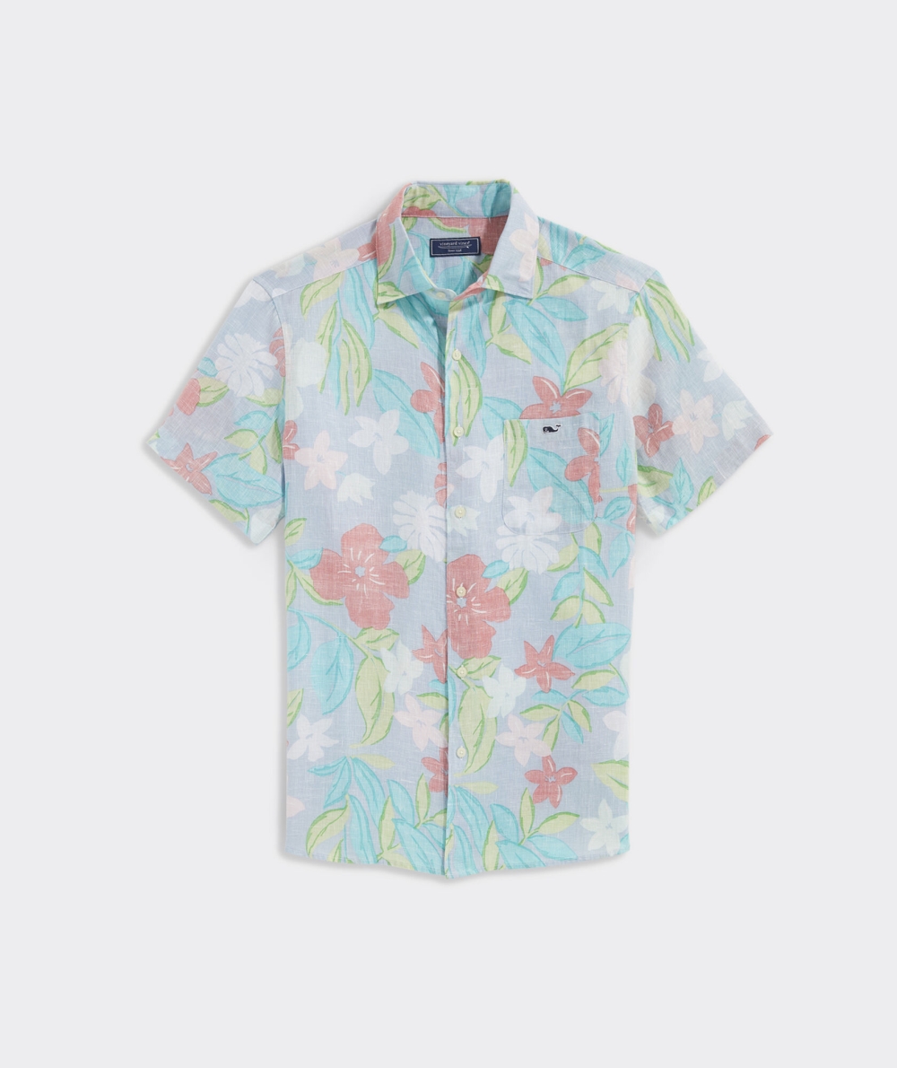 Camisas Vineyard Vines Linen Corta-Sleeve Dunmore Floral Shirt Hombre Azules | HCZ-367950