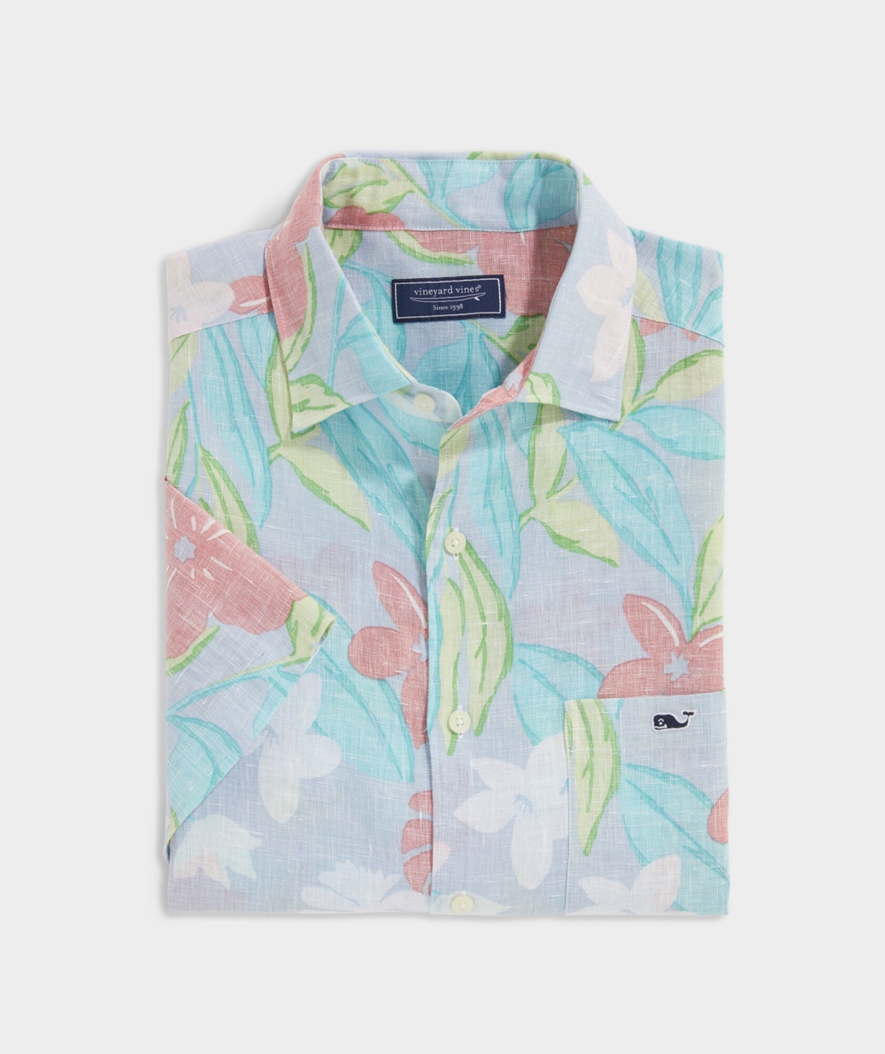 Camisas Vineyard Vines Linen Corta-Sleeve Dunmore Floral Shirt Hombre Azules | HCZ-367950