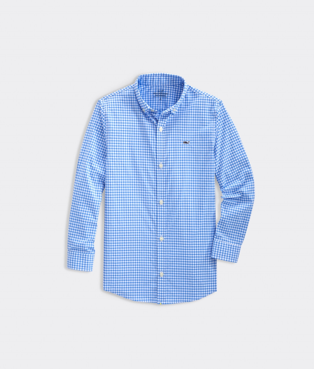 Camisas Vineyard Vines On-The-Go Gingham Shirt Niños Azules | WGV-091856