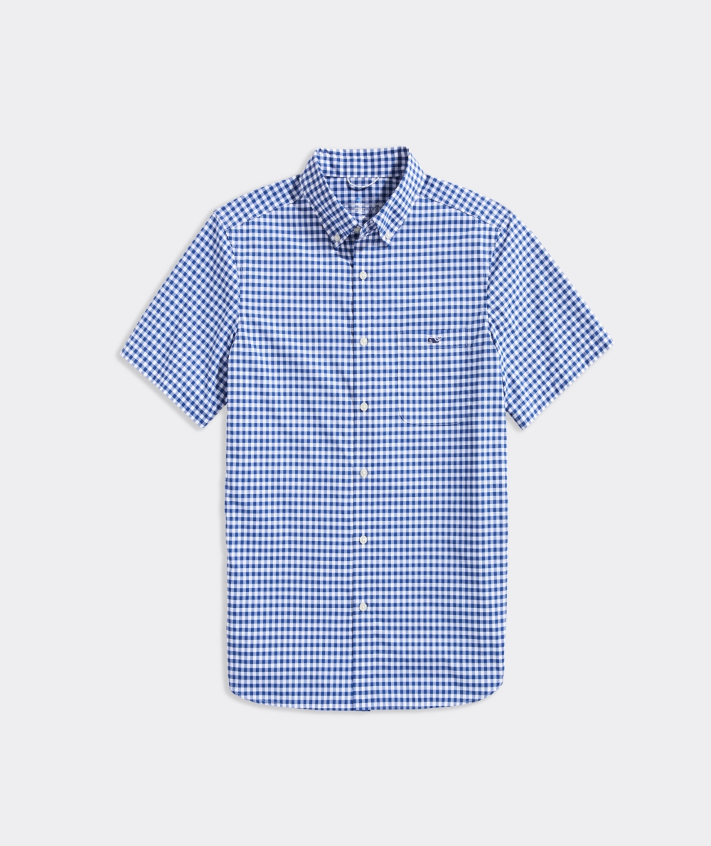 Camisas Vineyard Vines On-The-Go Nylon Corta-Sleeve Gingham Shirt Hombre Azules | HIR-264879