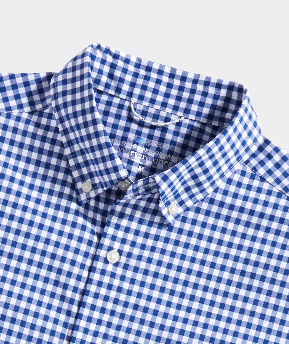 Camisas Vineyard Vines On-The-Go Nylon Corta-Sleeve Gingham Shirt Hombre Azules | HIR-264879