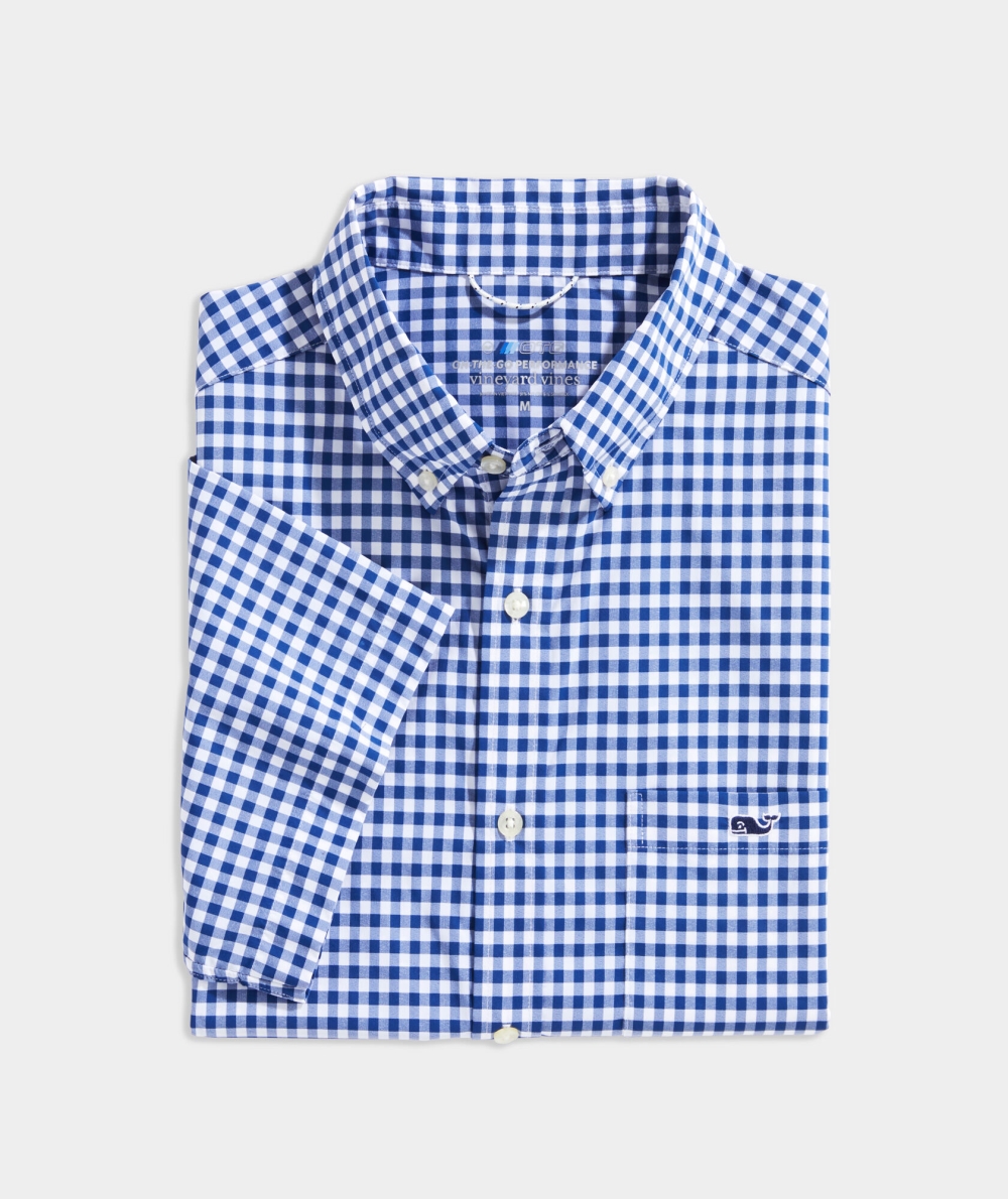 Camisas Vineyard Vines On-The-Go Nylon Corta-Sleeve Gingham Shirt Hombre Azules | HIR-264879