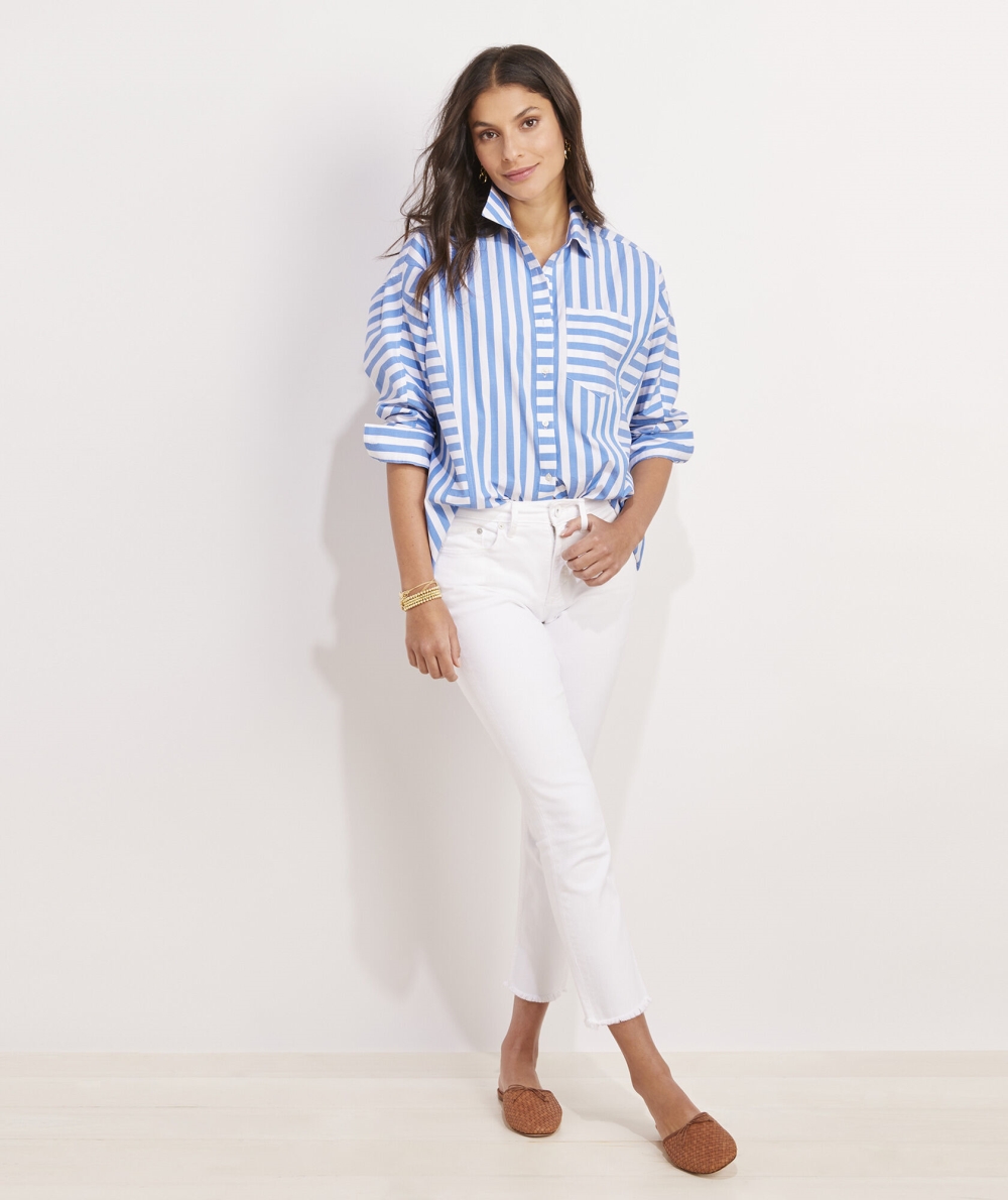 Camisas Vineyard Vines Poplin A Rayas Weekend Button-Down Mujer Blancos Azules | YHT-925346