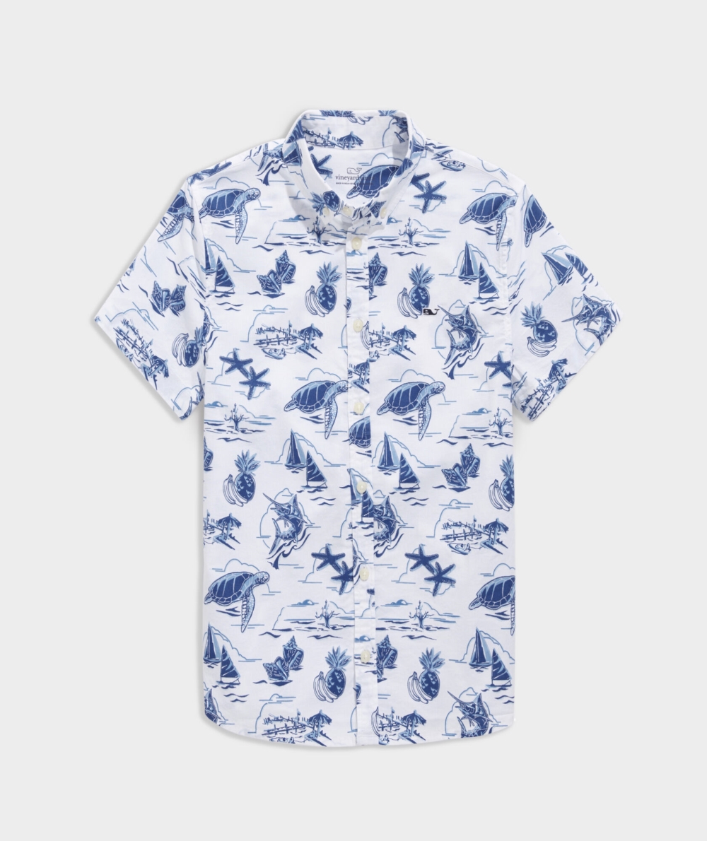 Camisas Vineyard Vines Stretch Poplin Corta-Sleeve Harbour Icons Print Shirt Niños Blancos | DVK-730819