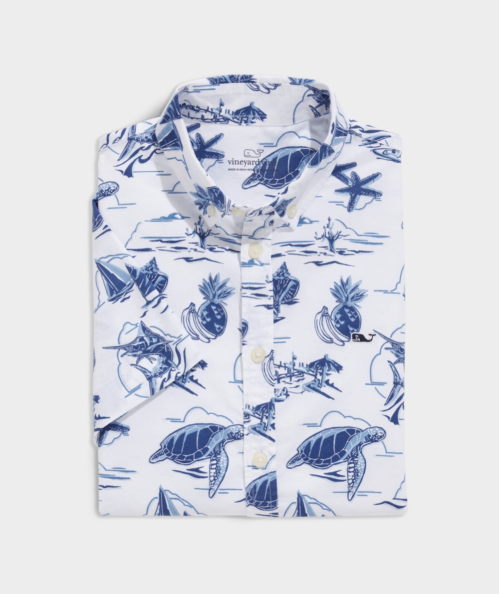 Camisas Vineyard Vines Stretch Poplin Corta-Sleeve Harbour Icons Print Shirt Niños Blancos | DVK-730819