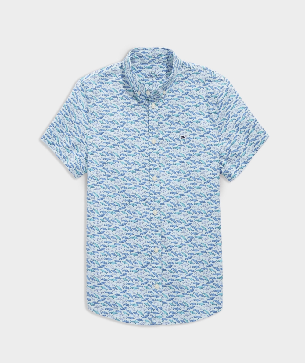 Camisas Vineyard Vines Stretch Poplin Corta-Sleeve Fish Print Shirt Niños Azules | WJA-643528