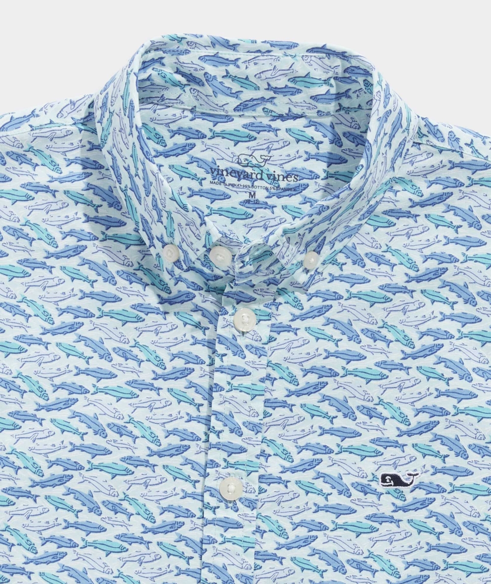 Camisas Vineyard Vines Stretch Poplin Corta-Sleeve Fish Print Shirt Niños Azules | WJA-643528