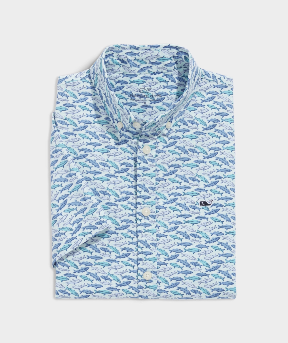 Camisas Vineyard Vines Stretch Poplin Corta-Sleeve Fish Print Shirt Niños Azules | WJA-643528