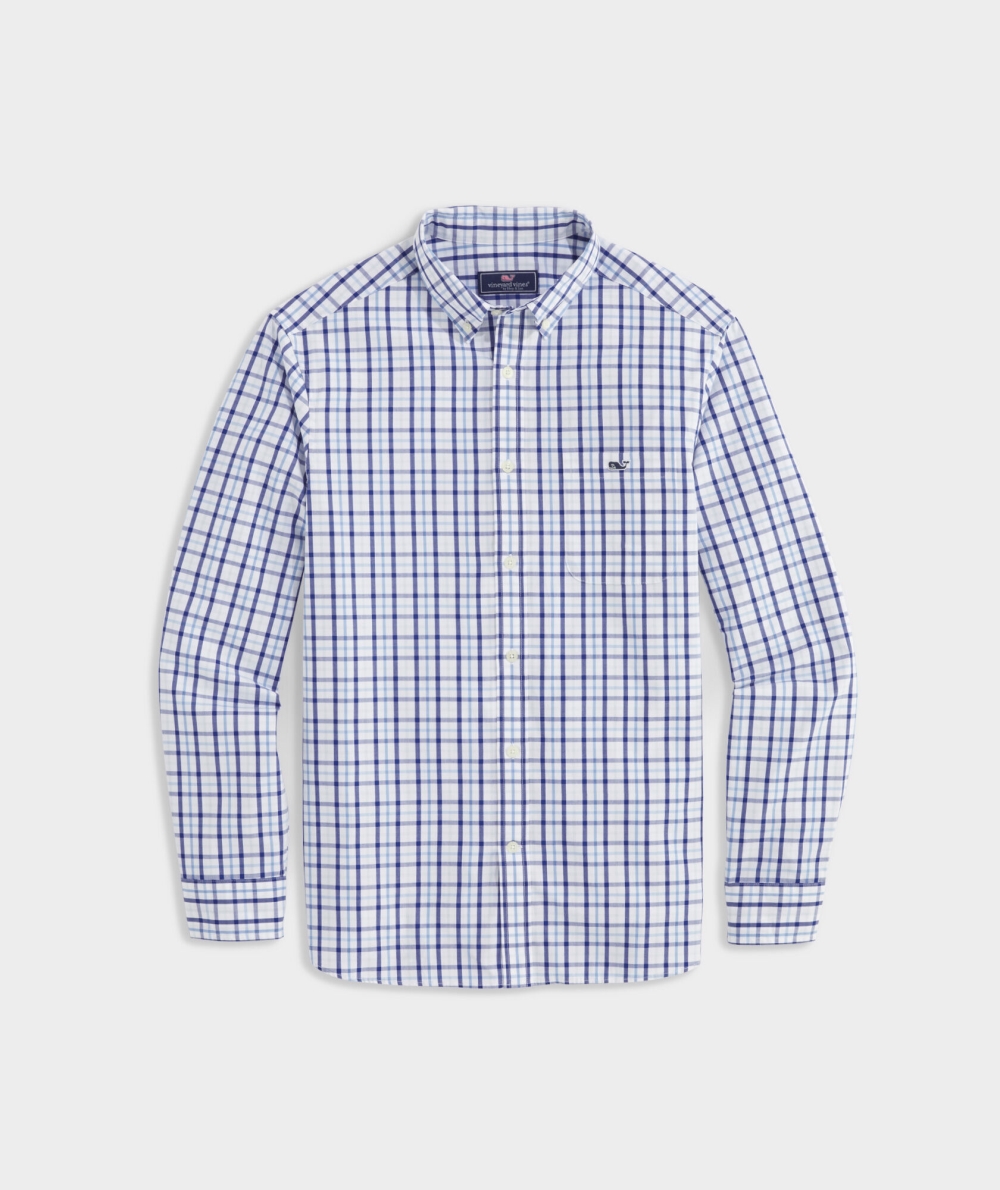 Camisas Vineyard Vines Stretch Poplin Tattersall Shirt Hombre Azules | OYL-254371