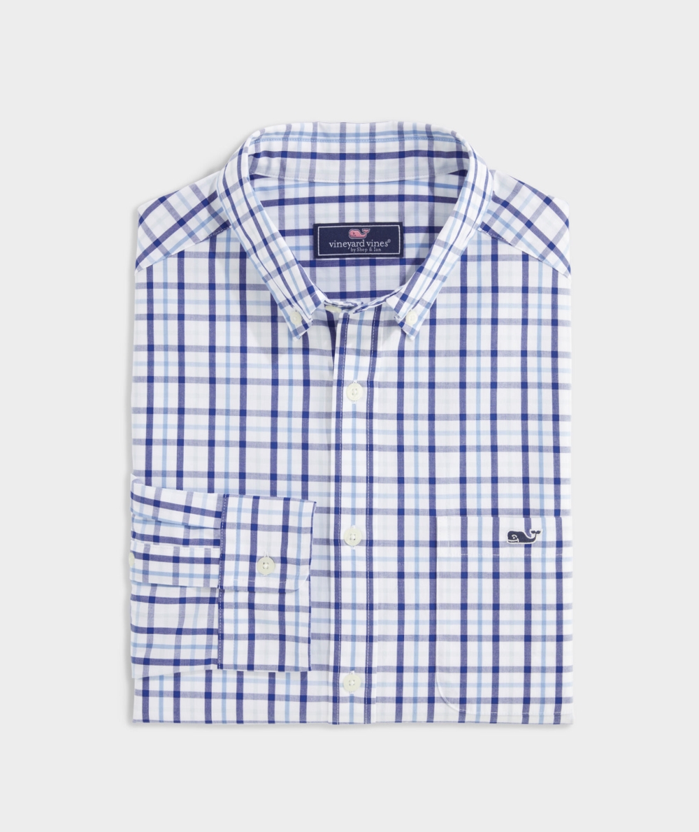 Camisas Vineyard Vines Stretch Poplin Tattersall Shirt Hombre Azules | OYL-254371