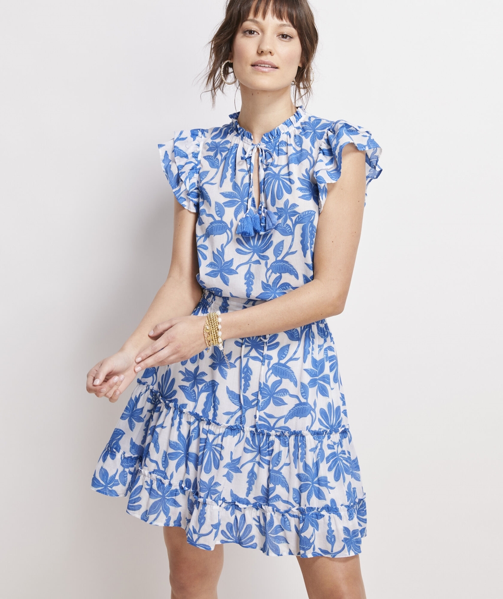 Dresses Vineyard Vines Floral Smocked Cintura Vestido Mujer Azules | BEI-183542