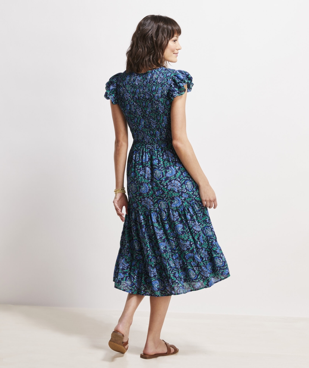 Dresses Vineyard Vines Floral Smocked V-Neck Midi Vestido Mujer Azules | AGR-478365