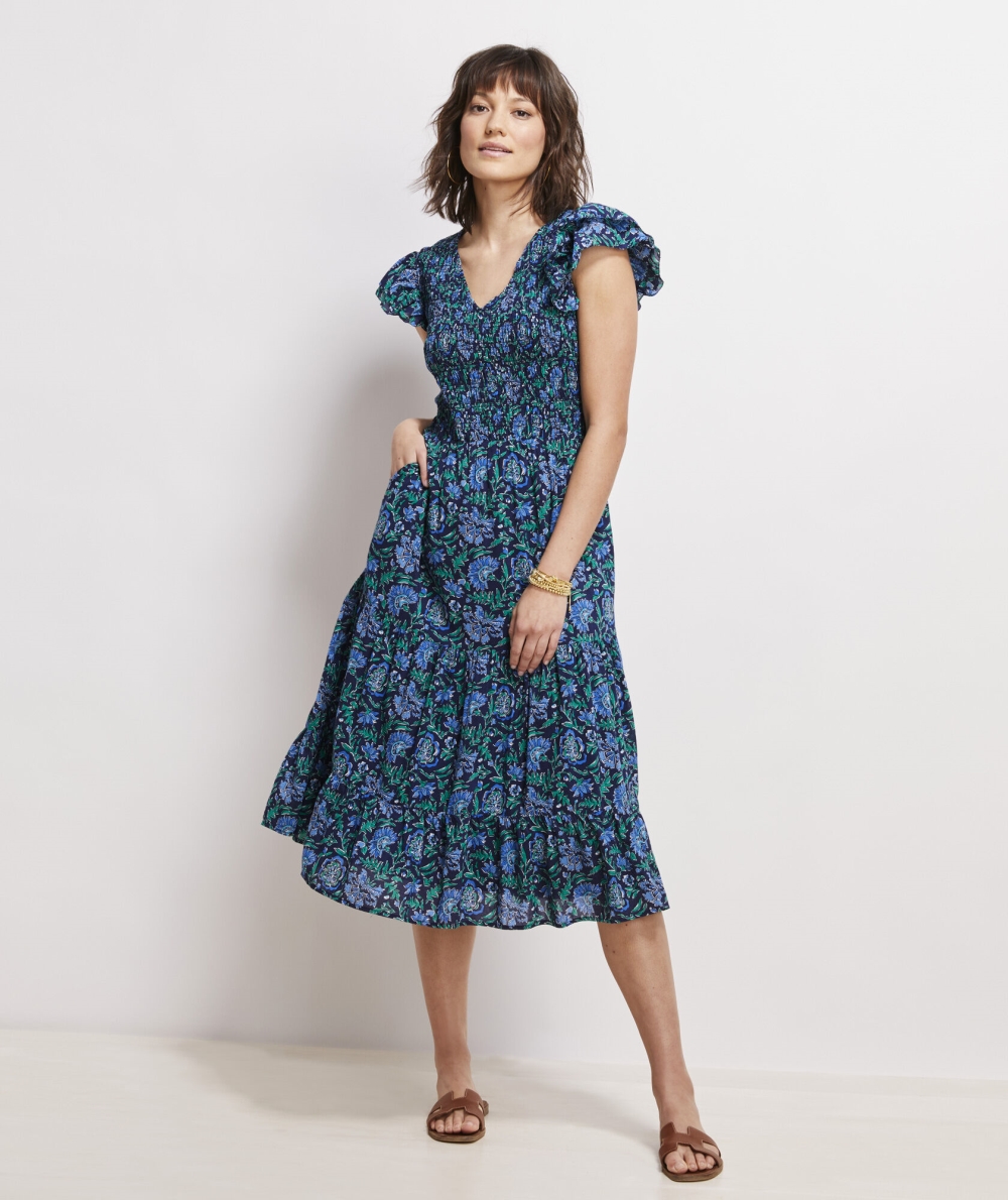 Dresses Vineyard Vines Floral Smocked V-Neck Midi Vestido Mujer Azules | AGR-478365