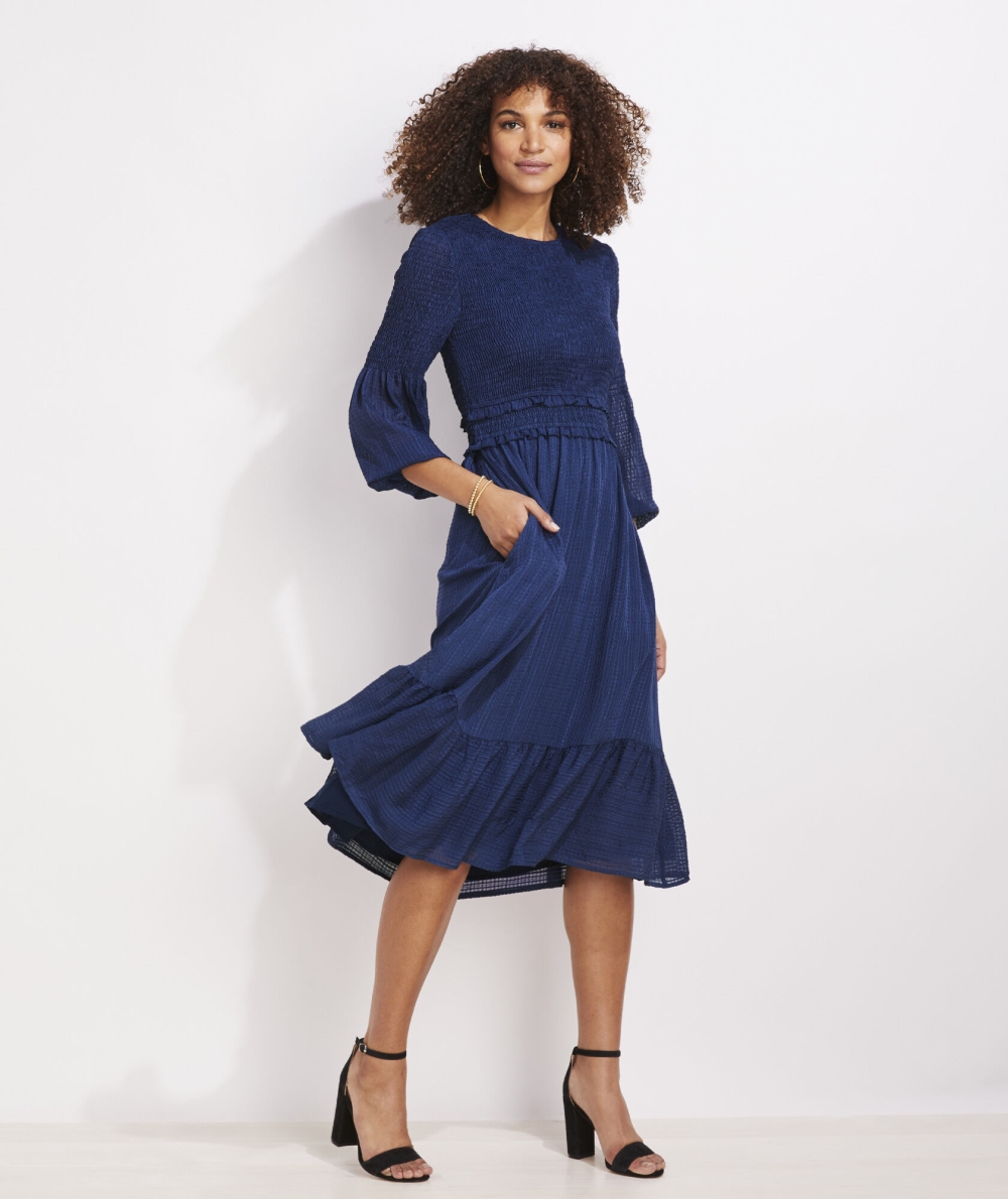 Dresses Vineyard Vines Textured Silk Smocked Midi Vestido Mujer Azules | KEV-609542