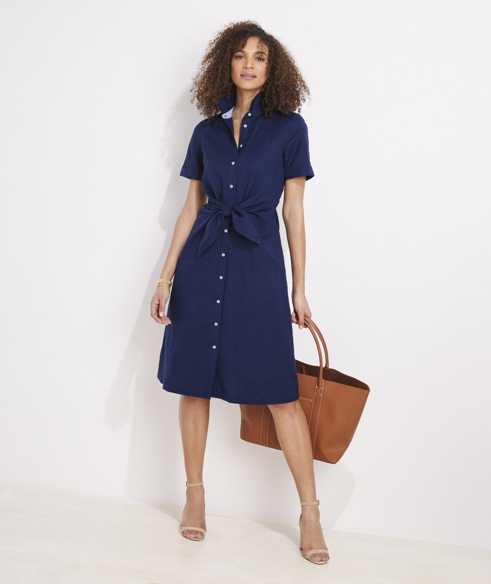 Dresses Vineyard Vines Westerly Tie-Front Linen Vestido Mujer Azules | YDK-174935