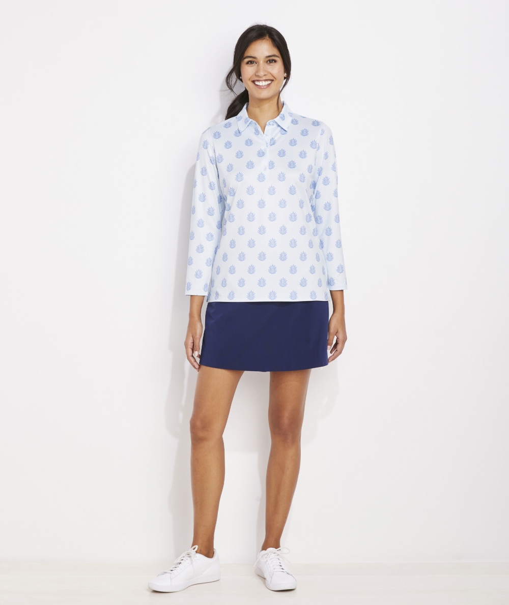 Polos Vineyard Vines Printed 3/4-Sleeve Performance Polo Mujer FleurDeLeaf-Ice Wtr | JEK-473508