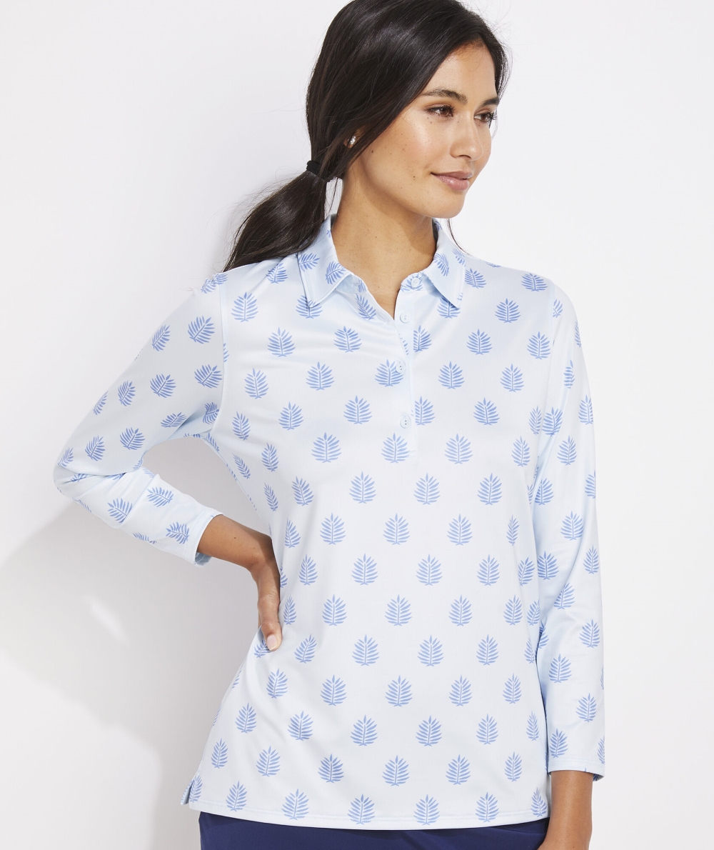 Polos Vineyard Vines Printed 3/4-Sleeve Performance Polo Mujer FleurDeLeaf-Ice Wtr | JEK-473508