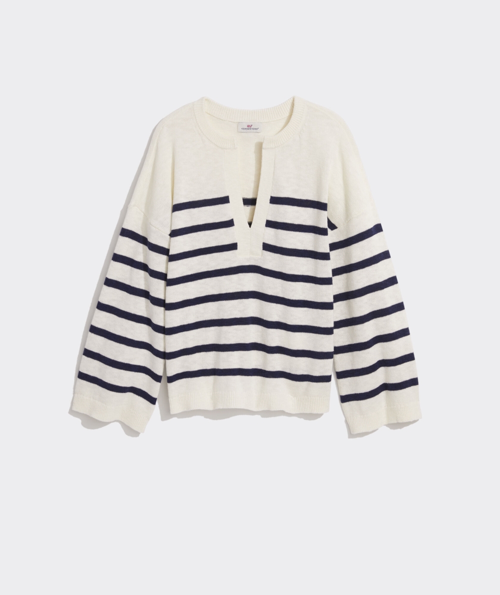 Suéteres Vineyard Vines Breton Stripe Slub Split-Neck Sueter Mujer Marshmallow | TUQ-176432