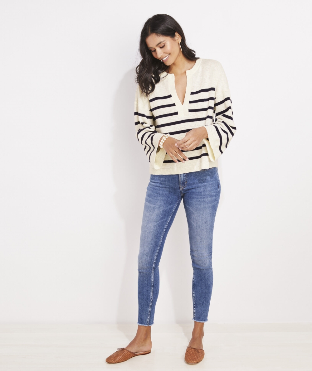 Suéteres Vineyard Vines Breton Stripe Slub Split-Neck Sueter Mujer Marshmallow | TUQ-176432