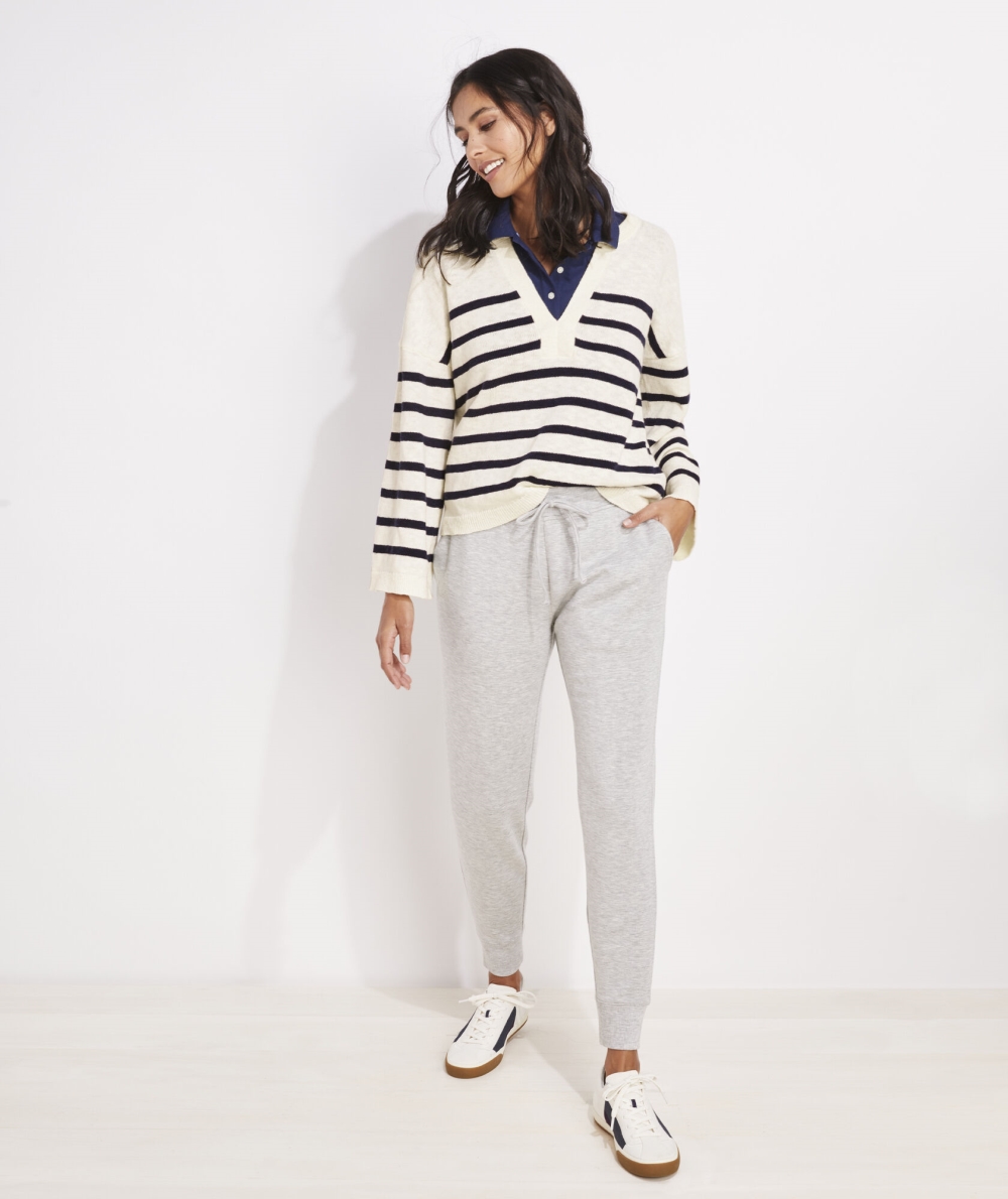 Suéteres Vineyard Vines Breton Stripe Slub Split-Neck Sueter Mujer Marshmallow | TUQ-176432