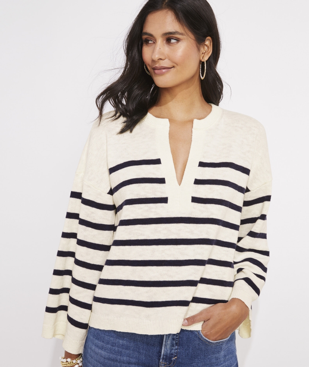 Suéteres Vineyard Vines Breton Stripe Slub Split-Neck Sueter Mujer Marshmallow | TUQ-176432