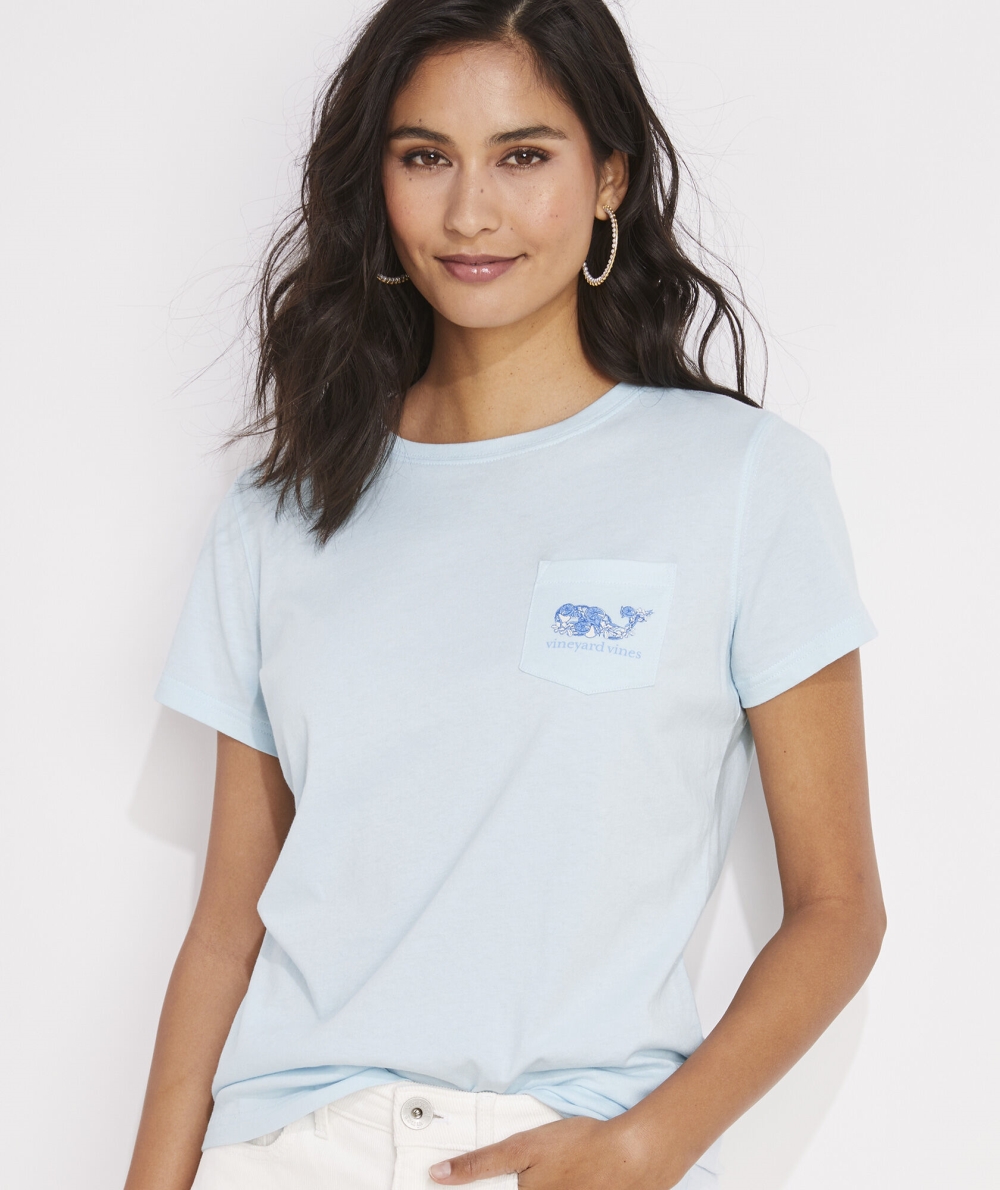 Tees Vineyard Vines Painted Palm Whale Corta-Sleeve Pocket Tee Mujer Azules | AQF-607423