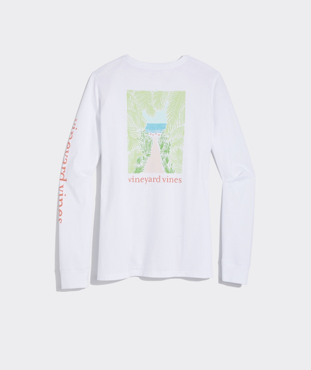 Tees Vineyard Vines Palm Tree Beach Path Long-Sleeve Pocket Tee Mujer Blancos | TCV-984521