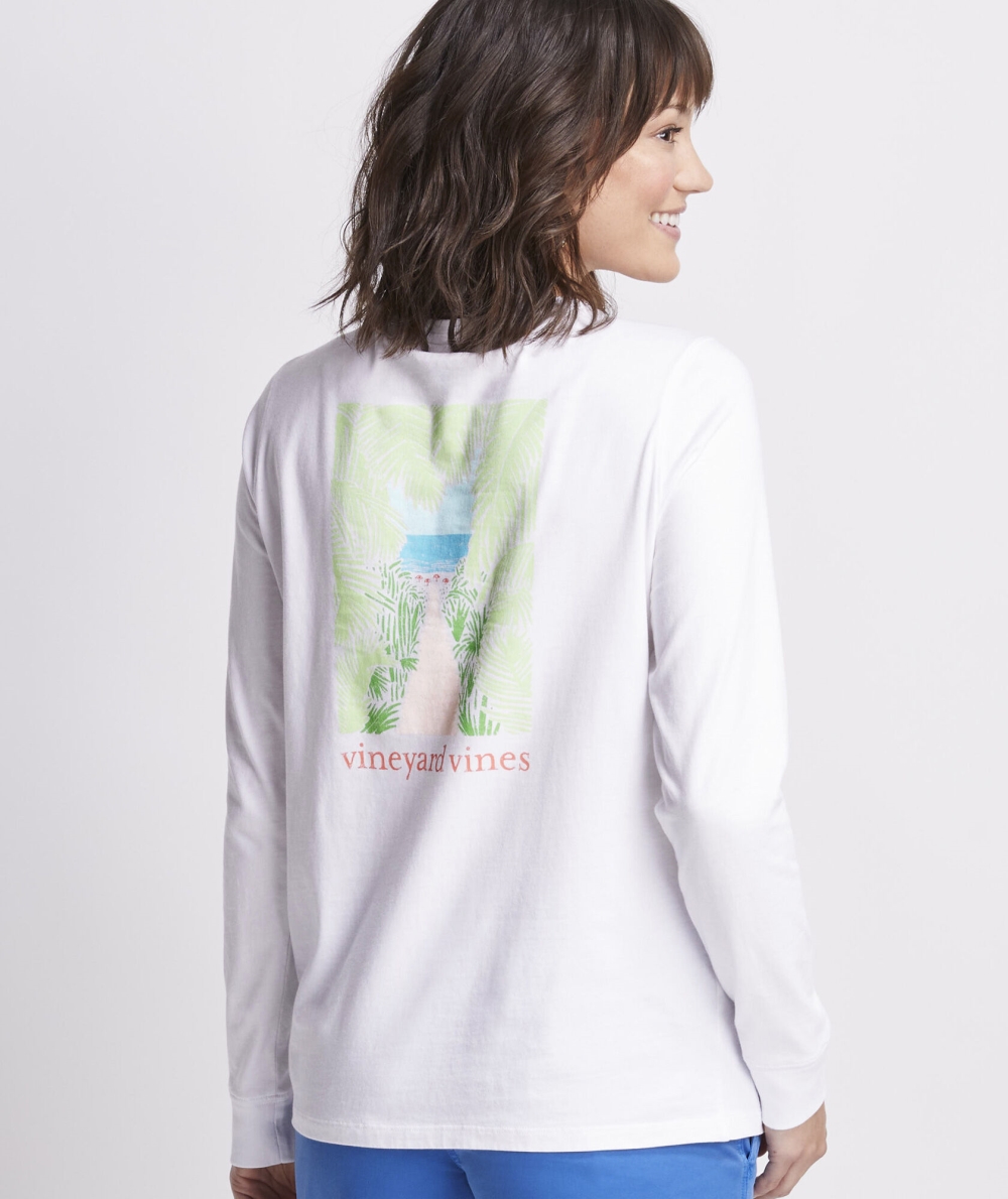 Tees Vineyard Vines Palm Tree Beach Path Long-Sleeve Pocket Tee Mujer Blancos | TCV-984521