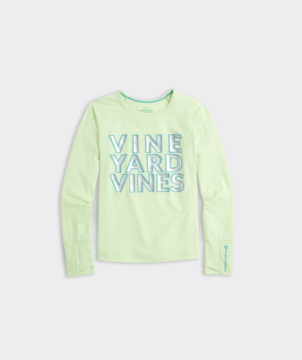 Tees Vineyard Vines Reflective Logo Long-Sleeve Performance Tee Niños Neon Kiwi Heather | VQJ-483625