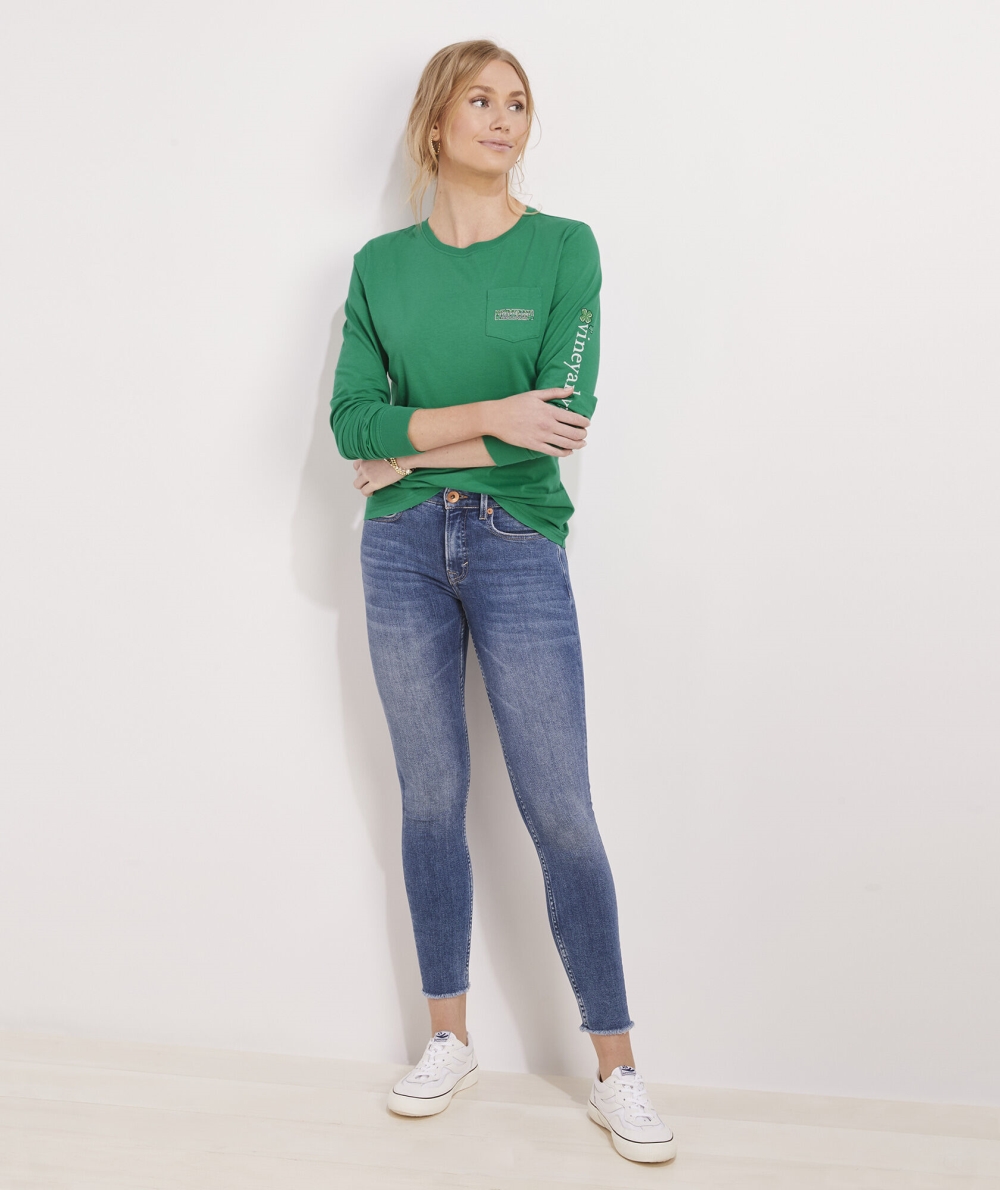 Tees Vineyard Vines Shamrock Logo Box Long-Sleeve Pocket Tee Mujer Sea Swell | TRV-853649