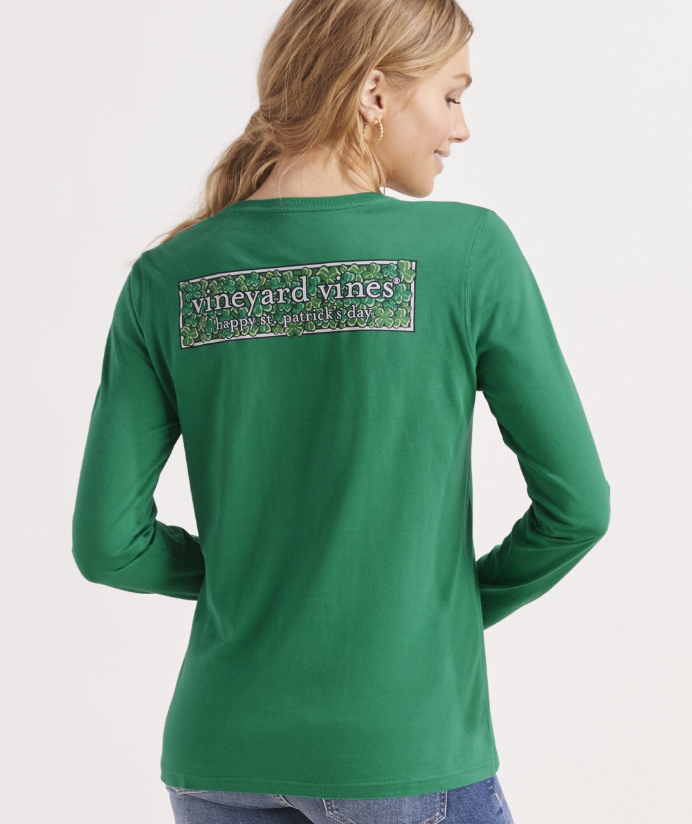 Tees Vineyard Vines Shamrock Logo Box Long-Sleeve Pocket Tee Mujer Sea Swell | TRV-853649