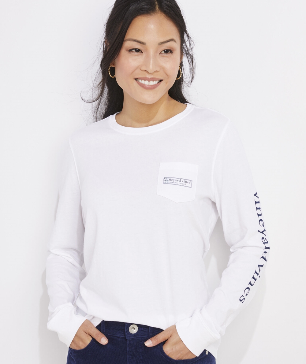 Tees Vineyard Vines Ski Scene Logo Box Long-Sleeve Pocket Tee Mujer Blancos | JTG-196278