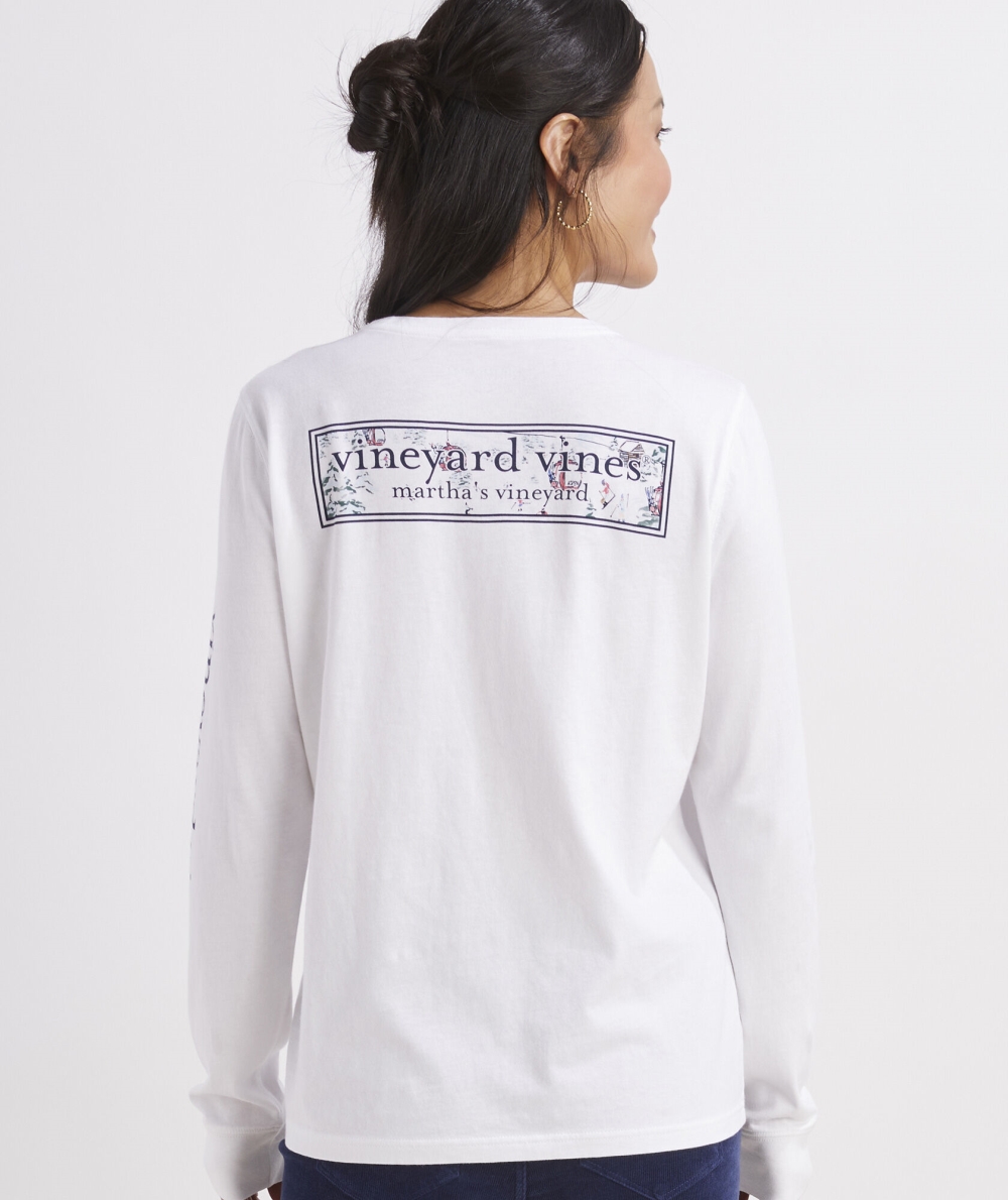 Tees Vineyard Vines Ski Scene Logo Box Long-Sleeve Pocket Tee Mujer Blancos | JTG-196278