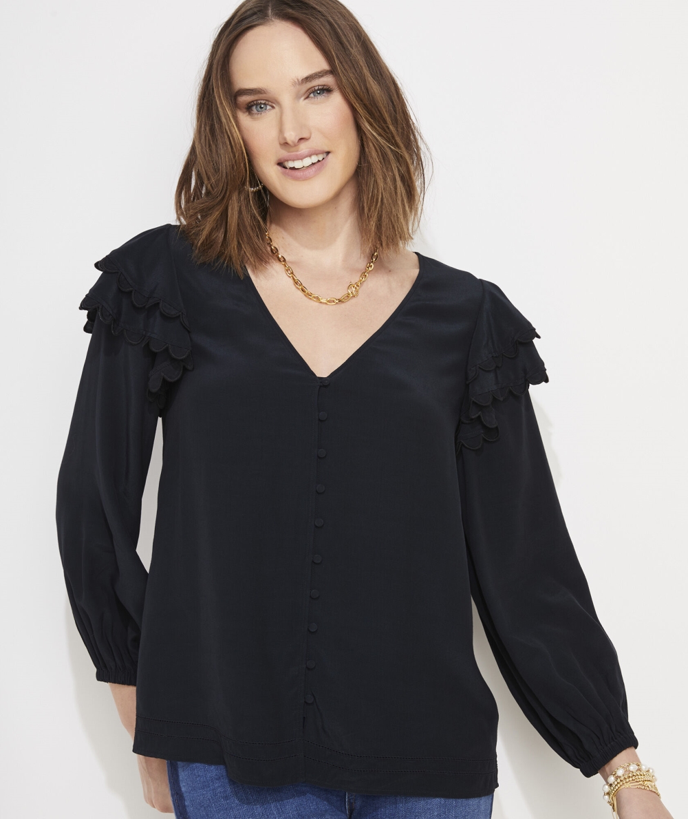 Tops Vineyard Vines Scallop Sleeve Top Mujer Negros | WMS-146089