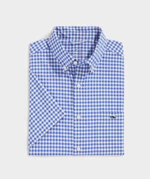 Camisas Vineyard Vines On-The-Go Corta-Sleeve Gingham Shirt Hombre Azules | ZGE-374189