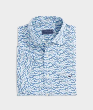 Camisas Vineyard Vines Stretch Poplin Corta-Sleeve Fish Print Shirt Hombre Azules | OXR-932815